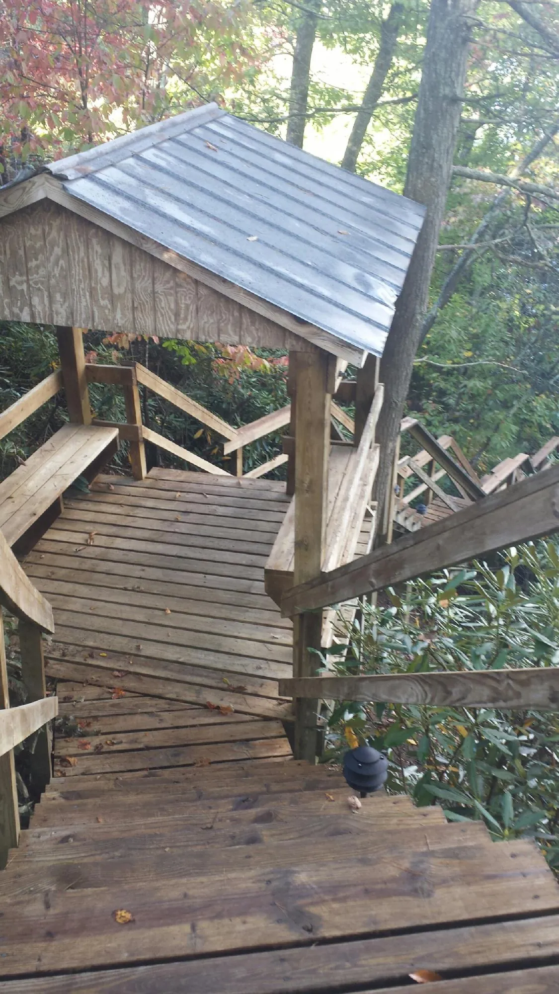 Metal roofed shelter over wooden steps on a wooded walkway — Skylight Repair & Installation work by our crew in Oakridge